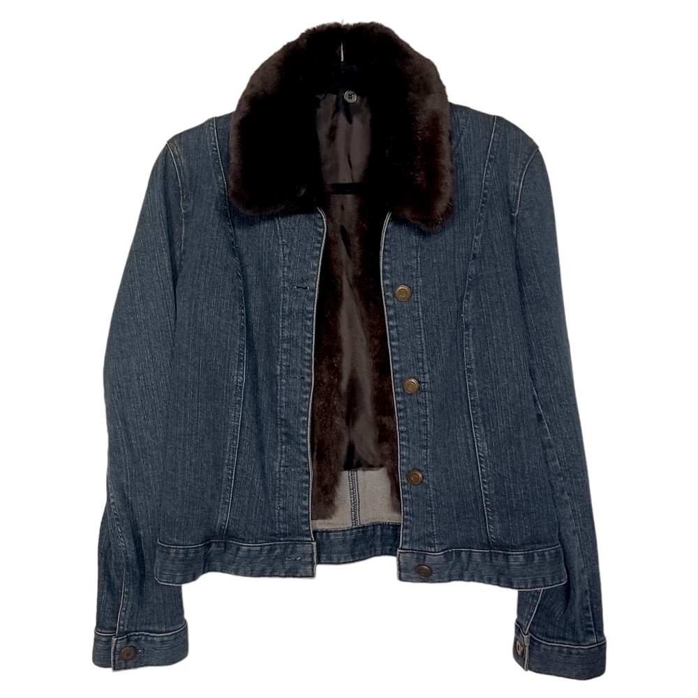 Y2K BEBE Rabbit Fur Brown Vest Dark Blue Button Front 2 IN 1 Denim Jacket Small